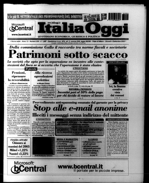 Italia oggi : quotidiano di economia finanza e politica